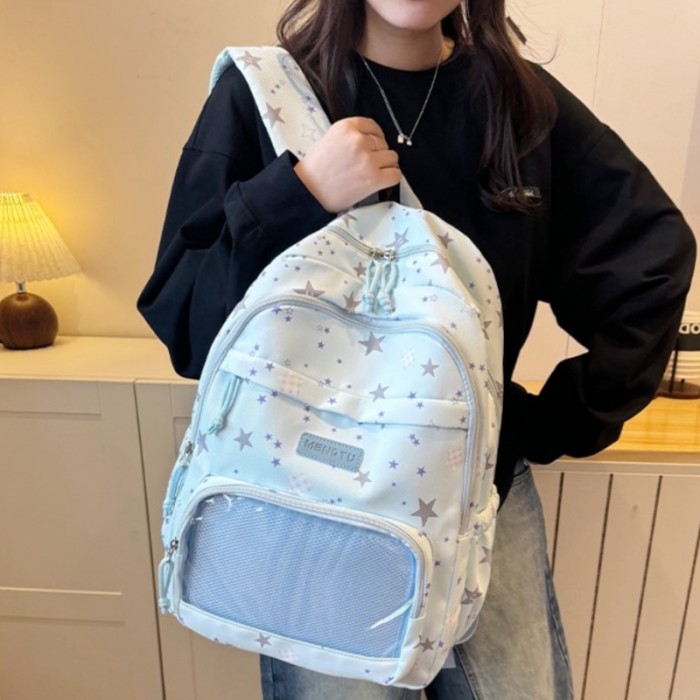Fresh Star Pattern Backpack, Front Transparent Mesh Bag, Wear-Resistant Lightweight Daily Travel Bag