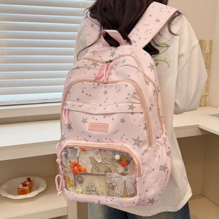 Fresh Star Pattern Backpack, Front Transparent Mesh Bag, Wear-Resistant Lightweight Daily Travel Bag