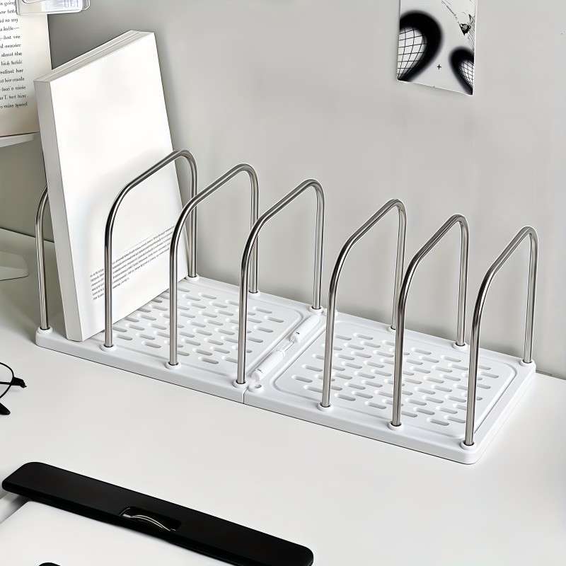 1pc Stainless Steel + PP Material Desktop Bookshelf | Non-Slip Base with Adjustable Divided Vertical Small Book Stand Rack | Modern Minimalist Office Desk Organizer Shelf for Mail and Documents Storage | Student Dorm Room Study Table Storage Rack