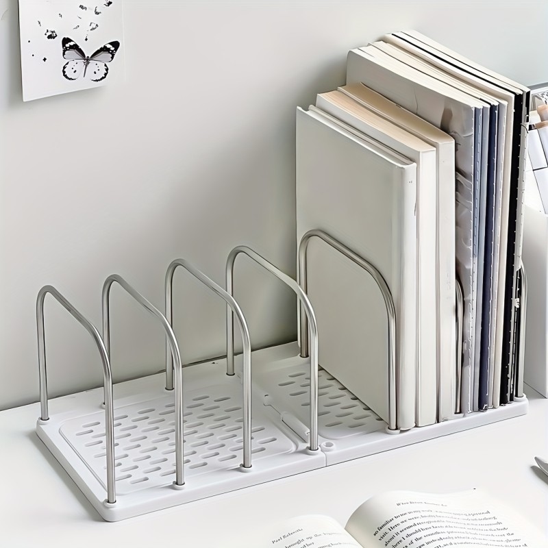 1pc Stainless Steel + PP Material Desktop Bookshelf | Non-Slip Base with Adjustable Divided Vertical Small Book Stand Rack | Modern Minimalist Office Desk Organizer Shelf for Mail and Documents Storage | Student Dorm Room Study Table Storage Rack