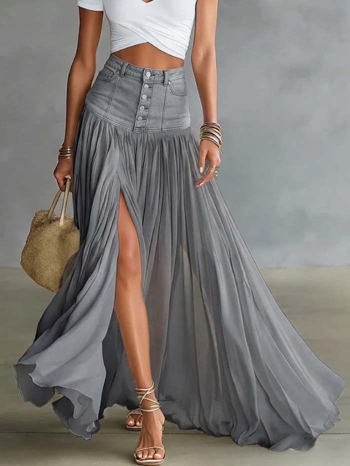 Casual Spliced chiffon And Denim Skirt