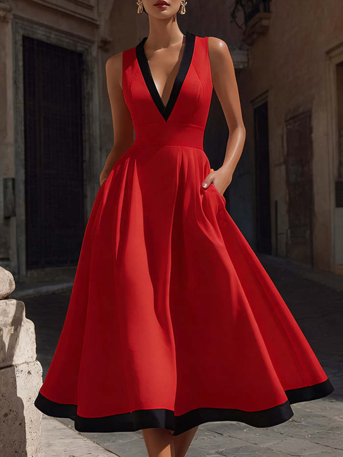 Women's V-neck Sleeveless Casual Loose Cotton A-line Dress