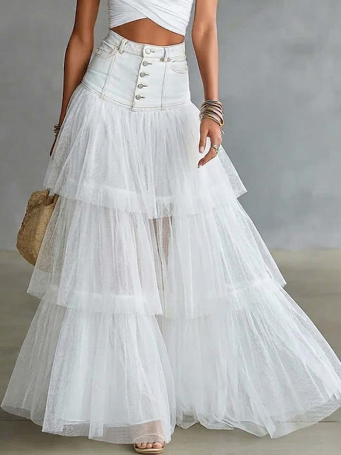 Stylish Casual Spliced mesh Denim Skirt