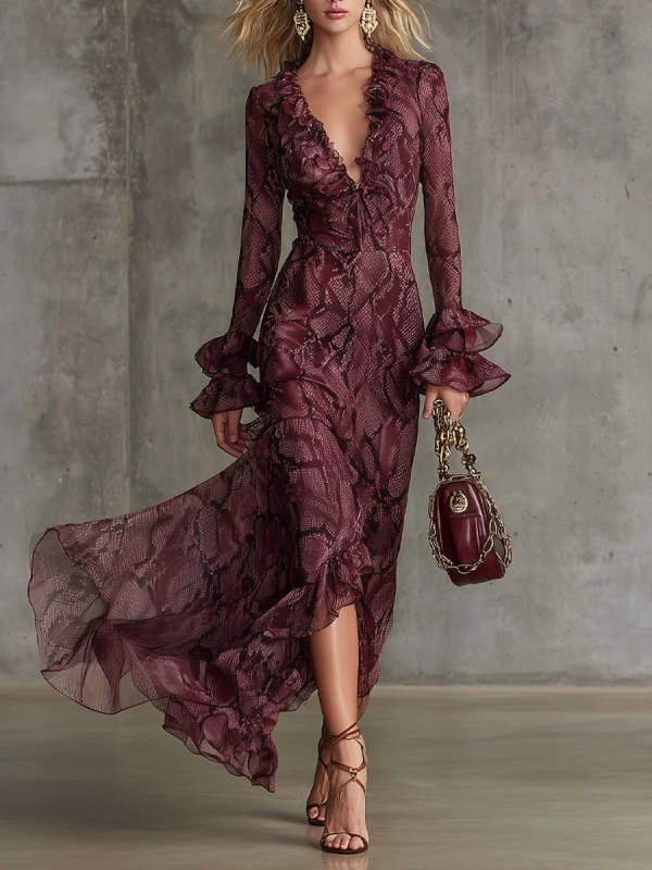 Women's Vintage Flowy Printed Casual Ruffled Dress