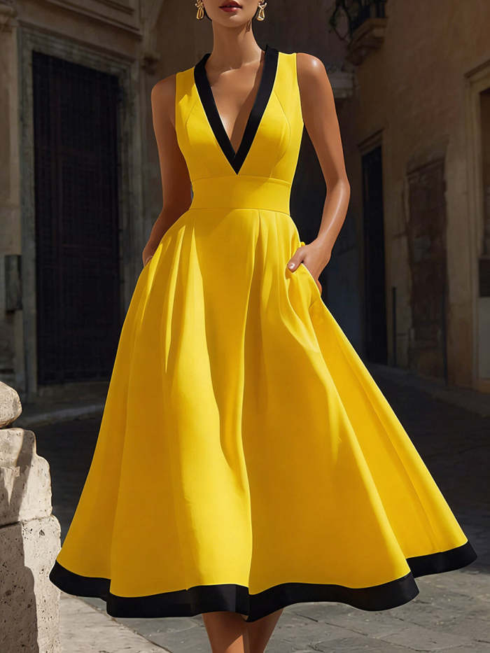 Women's V-neck Sleeveless Casual Loose Cotton A-line Dress