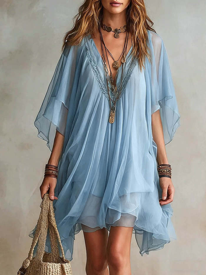 Women's V-neck 3/4-sleeve Casual Loose Chiffon Dress
