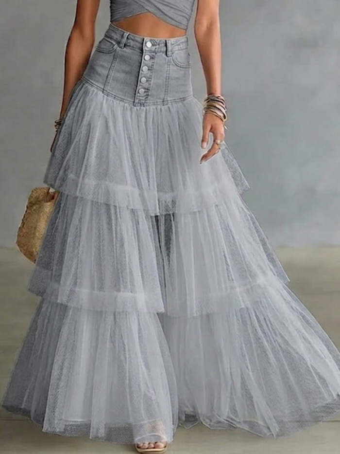 Stylish Casual Spliced mesh Denim Skirt