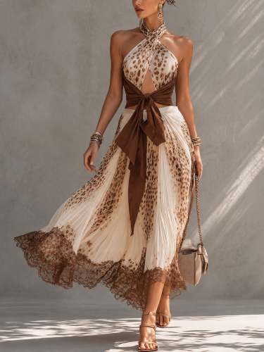 Gradient Leopard Print Halter Tie-Strap Top + Pleated Lace-Paneled Skirt Set