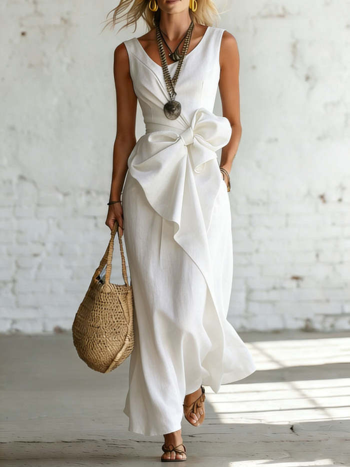 Women's Bowknot Decoration Solid-color Sleeveless Dress