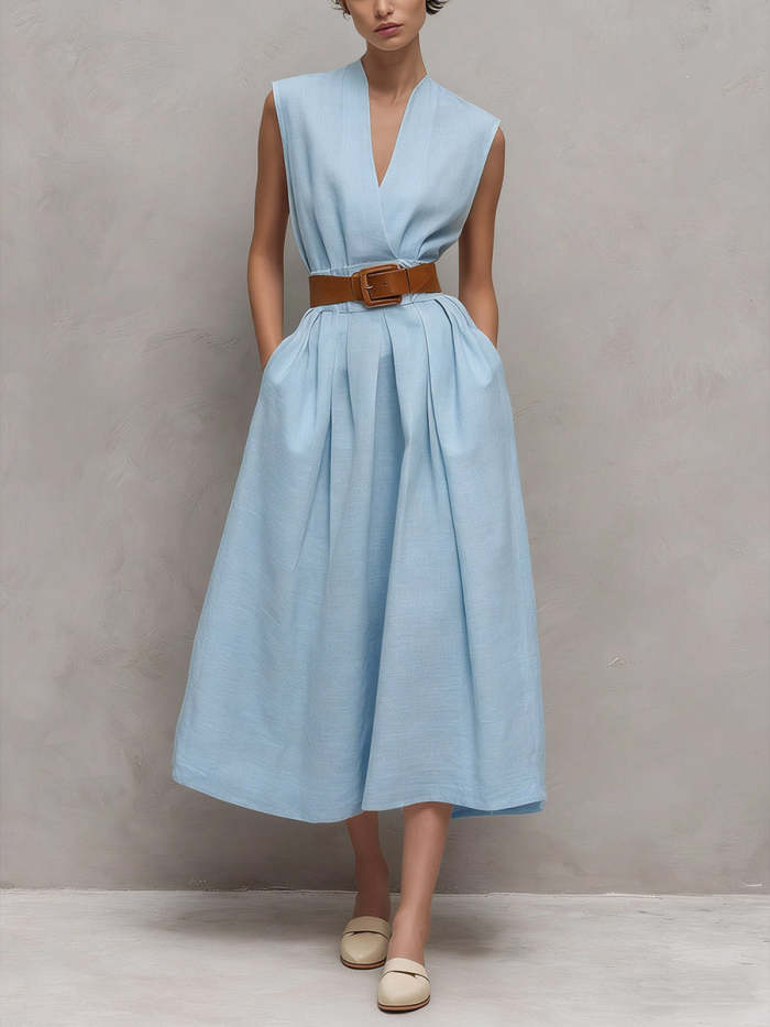 Women's V-neck Sleeveless Casual Loose Cotton Dress