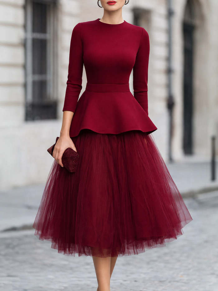 Women's Round-neck 3/4-sleeve Loose Casual Top & High-waisted Mesh Skirt Set