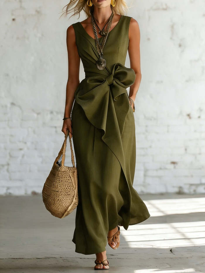 Women's Bowknot Decoration Solid-color Sleeveless Dress