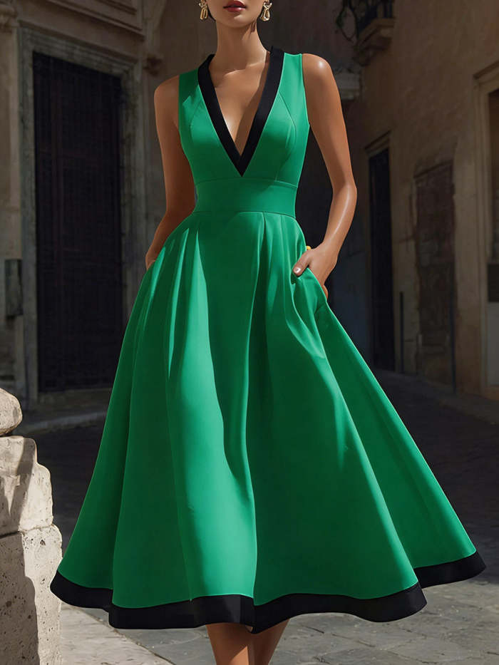 Women's V-neck Sleeveless Casual Loose Cotton A-line Dress