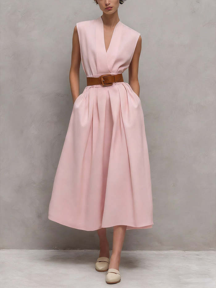 Women's V-neck Sleeveless Casual Loose Cotton Dress