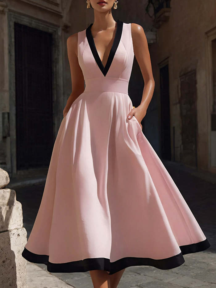 Women's V-neck Sleeveless Casual Loose Cotton A-line Dress