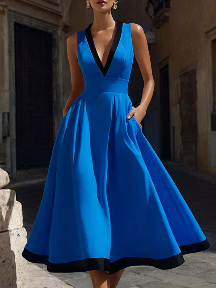 Women's V-neck Sleeveless Casual Loose Cotton A-line Dress