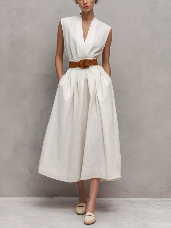 Women's V-neck Sleeveless Casual Loose Cotton Dress
