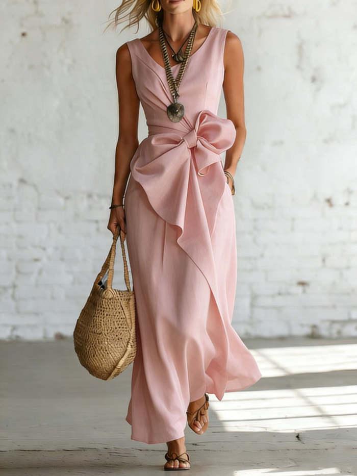 Women's Bowknot Decoration Solid-color Sleeveless Dress