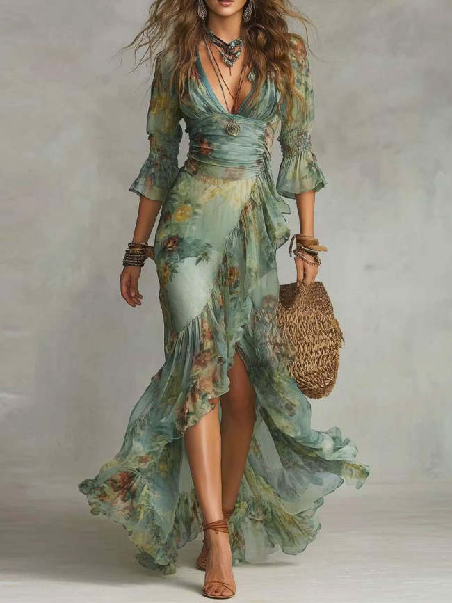 Women's Ruffled Floral Art Print Casual Stylish Comfortable Long Dress