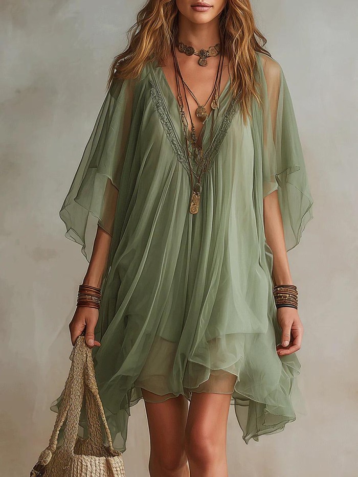 Women's V-neck 3/4-sleeve Casual Loose Chiffon Dress