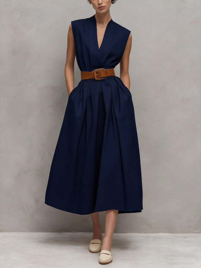 Women's V-neck Sleeveless Casual Loose Cotton Dress