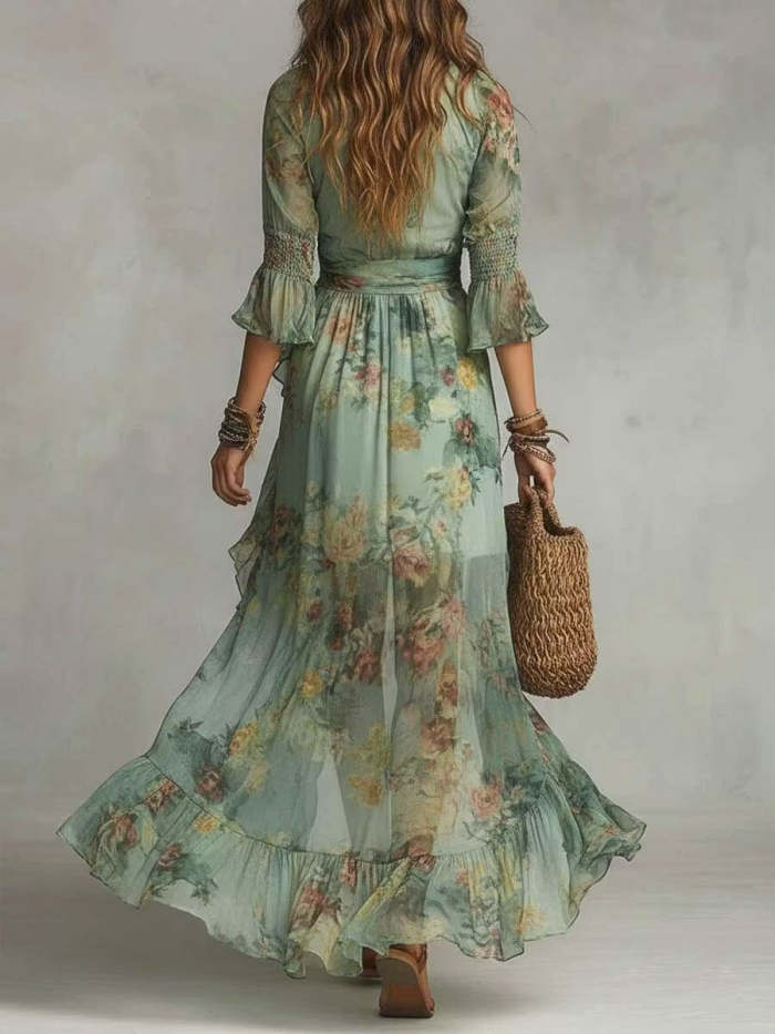 Women's Ruffled Floral Art Print Casual Stylish Comfortable Long Dress