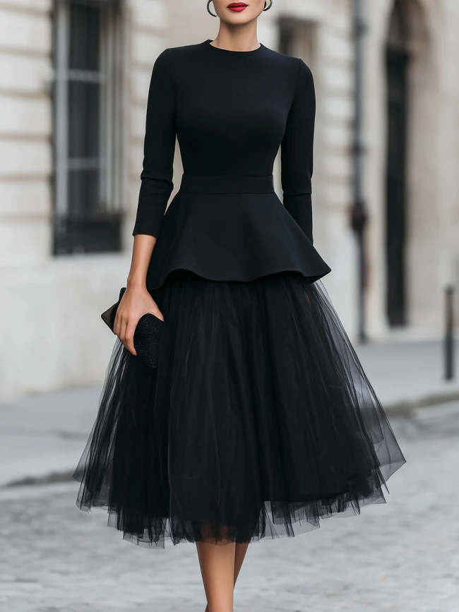 Women's Round-neck 3/4-sleeve Loose Casual Top & High-waisted Mesh Skirt Set