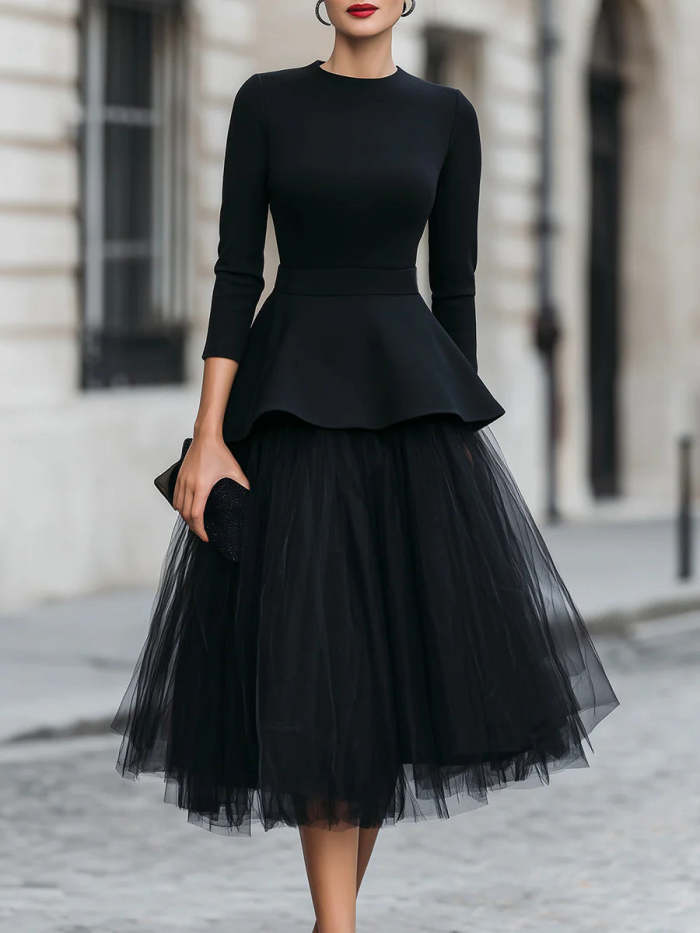 Women's Round-neck 3/4-sleeve Loose Casual Top & High-waisted Mesh Skirt Set