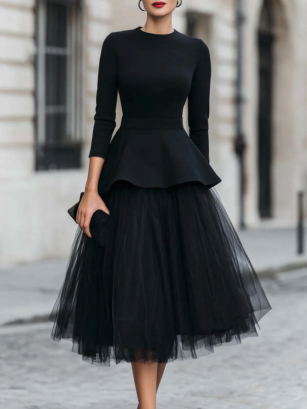 Women's Round-neck 3/4-sleeve Loose Casual Top & High-waisted Mesh Skirt Set