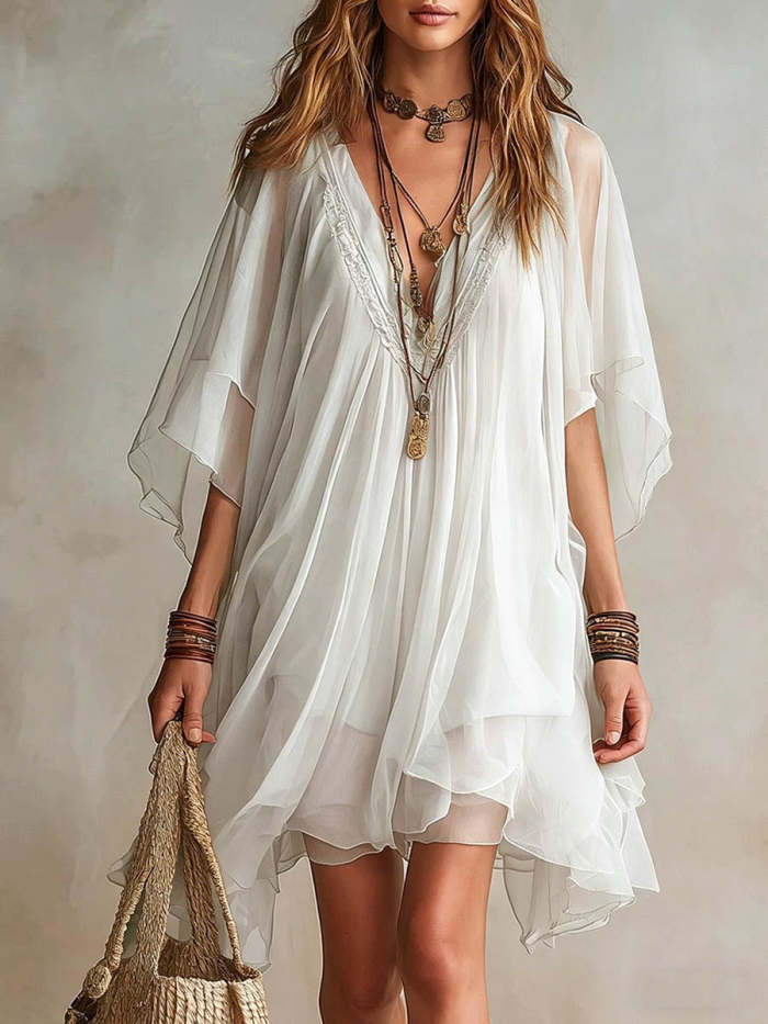 Women's V-neck 3/4-sleeve Casual Loose Chiffon Dress