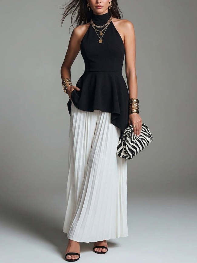 Women's Irregular Waist Ruffle Blouse With Chiffon Wide-leg Pants Set