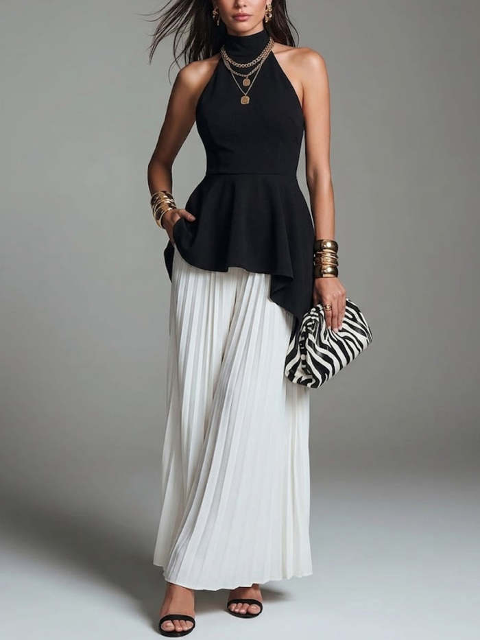Women's Irregular Waist Ruffle Blouse With Chiffon Wide-leg Pants Set