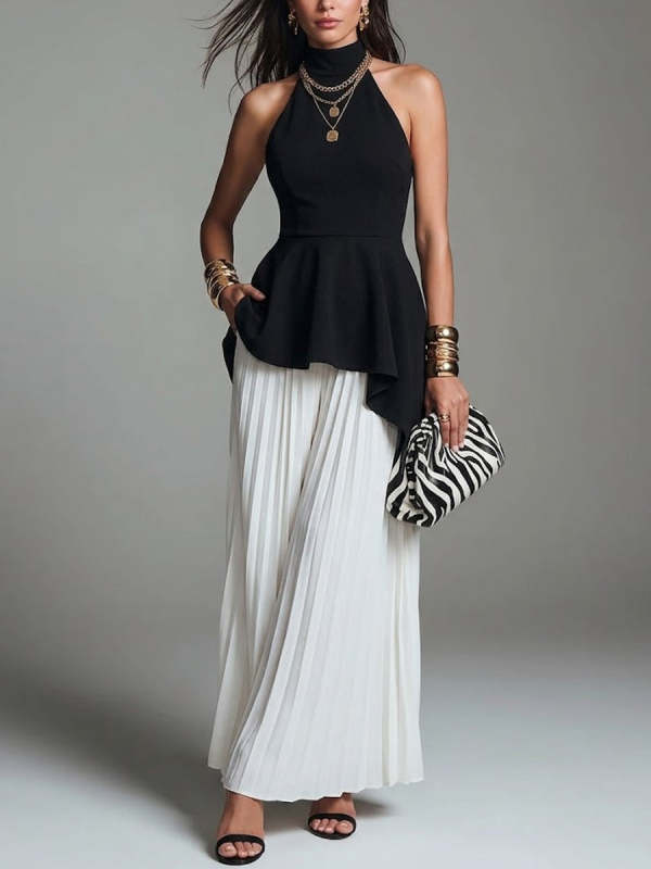 Women's Irregular Waist Ruffle Blouse With Chiffon Wide-leg Pants Set