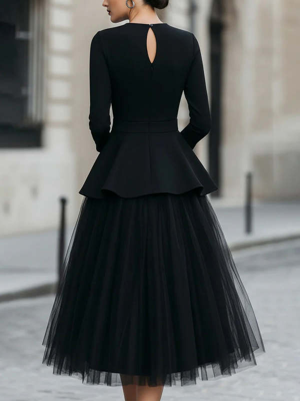 Women's Round-neck 3/4-sleeve Loose Casual Top & High-waisted Mesh Skirt Set