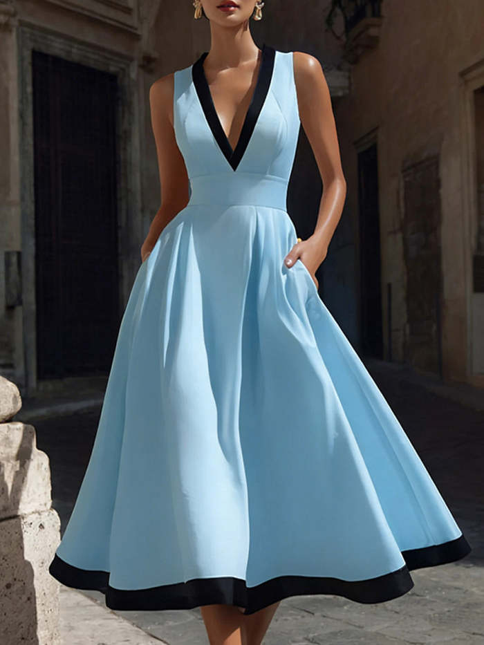 Women's V-neck Sleeveless Casual Loose Cotton A-line Dress
