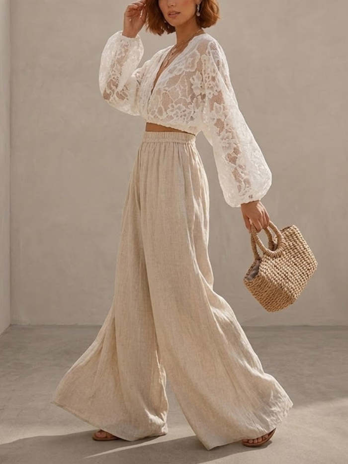 Women's Lace Top With Cotton And Linen Wide-leg Pants Set