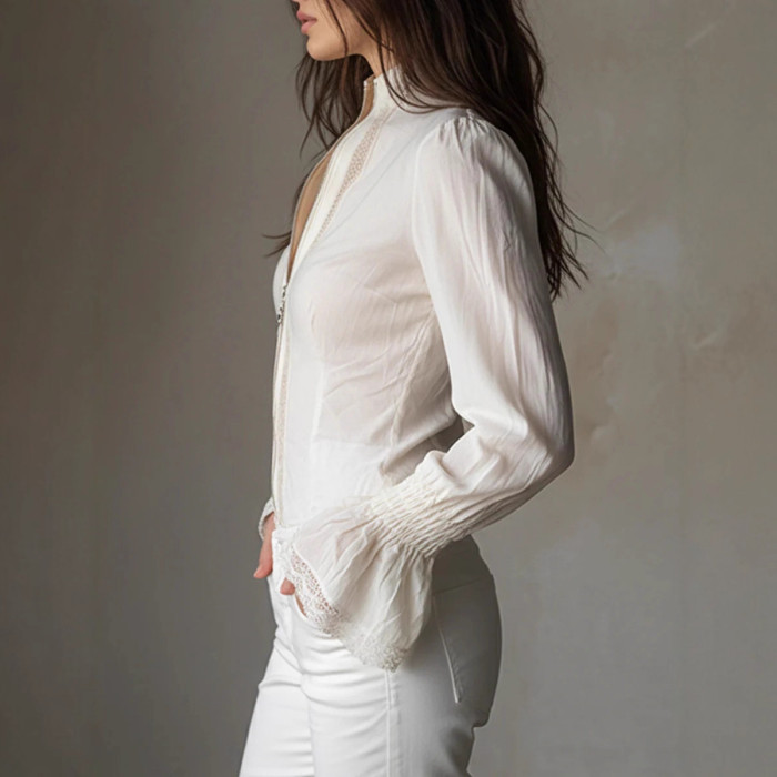 ✨Lace Spliced Flare Sleeve White Blouse 🤍