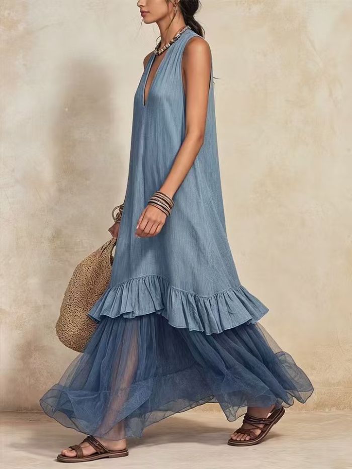 ✨Linen Cotton Ruffle Hem Boho Maxi Dress 🌿