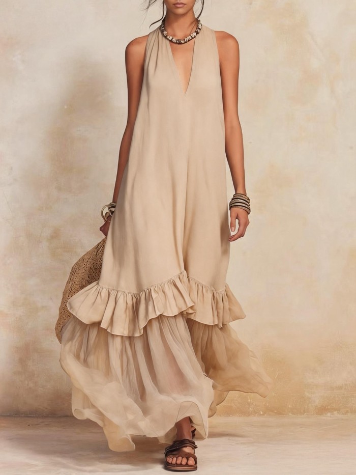 ✨Linen Cotton Ruffle Hem Boho Maxi Dress 🌿