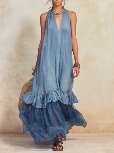 ✨Linen Cotton Ruffle Hem Boho Maxi Dress 🌿
