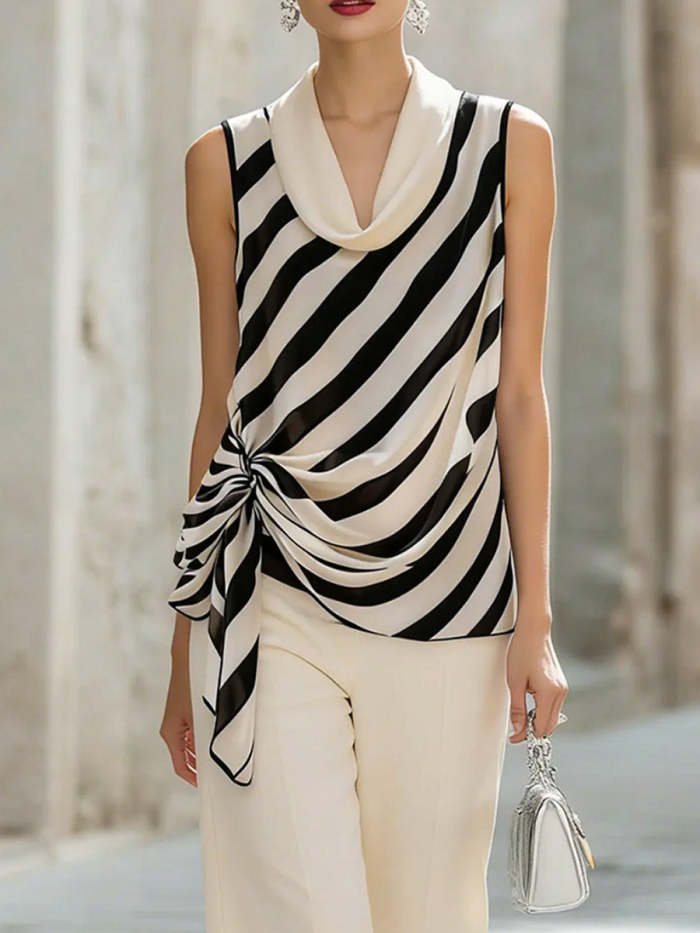 Women's Striped Print Cowl Neck Sleeveless Casual Loose Ruched Top