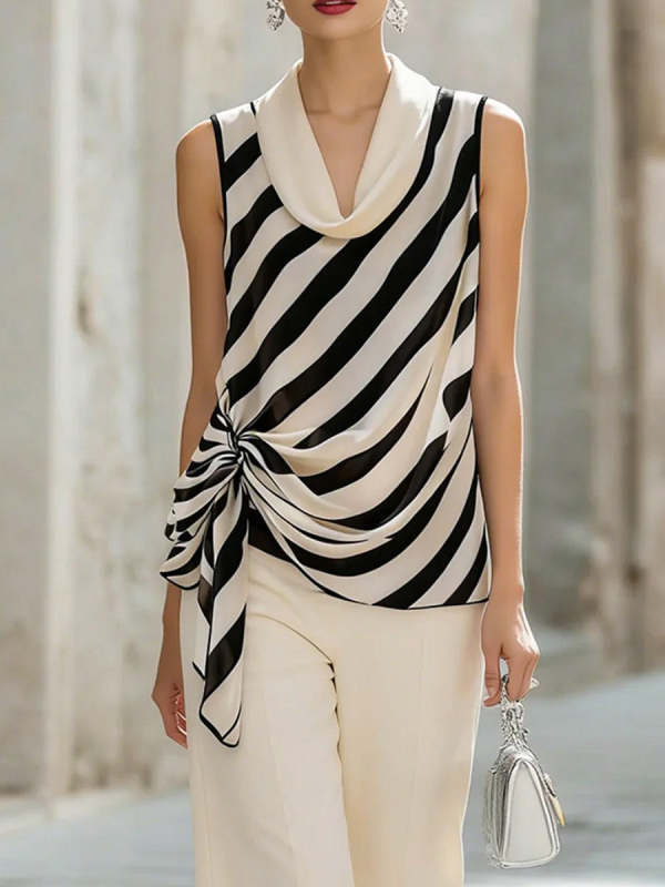 Women's Striped Print Cowl Neck Sleeveless Casual Loose Ruched Top