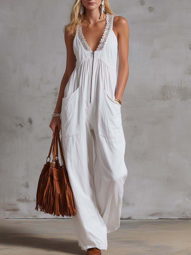 Women's Solid-color V-neck Sleeveless Casual Loose Cotton-linen Wide-leg Jumpsuit