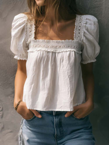 Casual Linen And Cotton Top With Lace Paneling