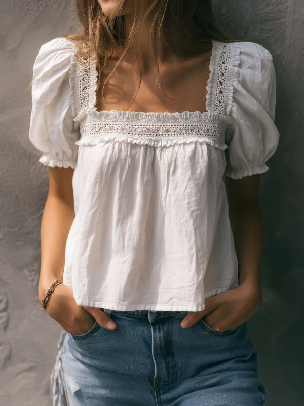 Casual Linen And Cotton Top With Lace Paneling