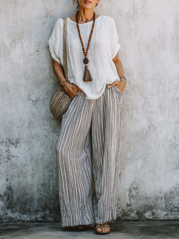Women's Simple Top And Striped Wide-leg Pants Cotton Linen Set