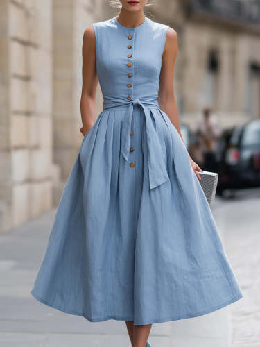 Elegant A-line Sleeveless Linen And Cotton Dress