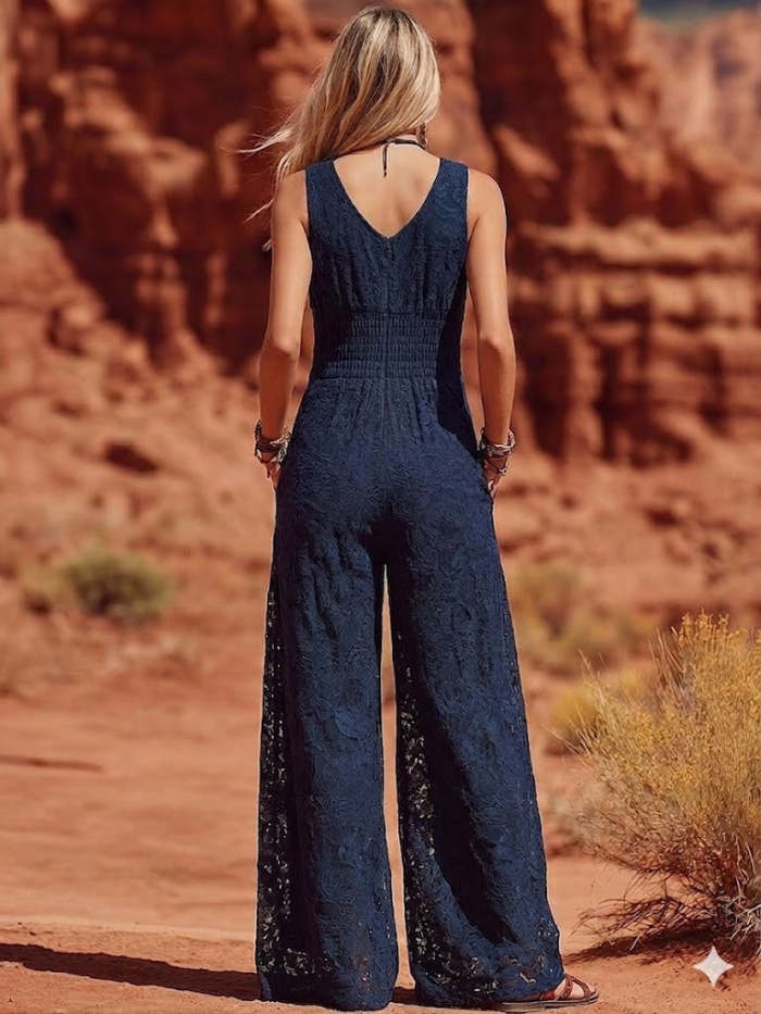 Bohemian Lace Halter V-neck Wide-leg Jumpsuit With Cinched Waist
