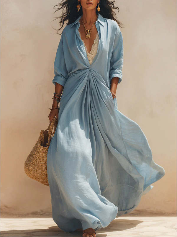 Women's Simple And Gentle Style Cotton And Linen Shirt Dress