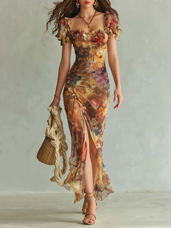 Women's Square-neck Ruffle-trim Dress